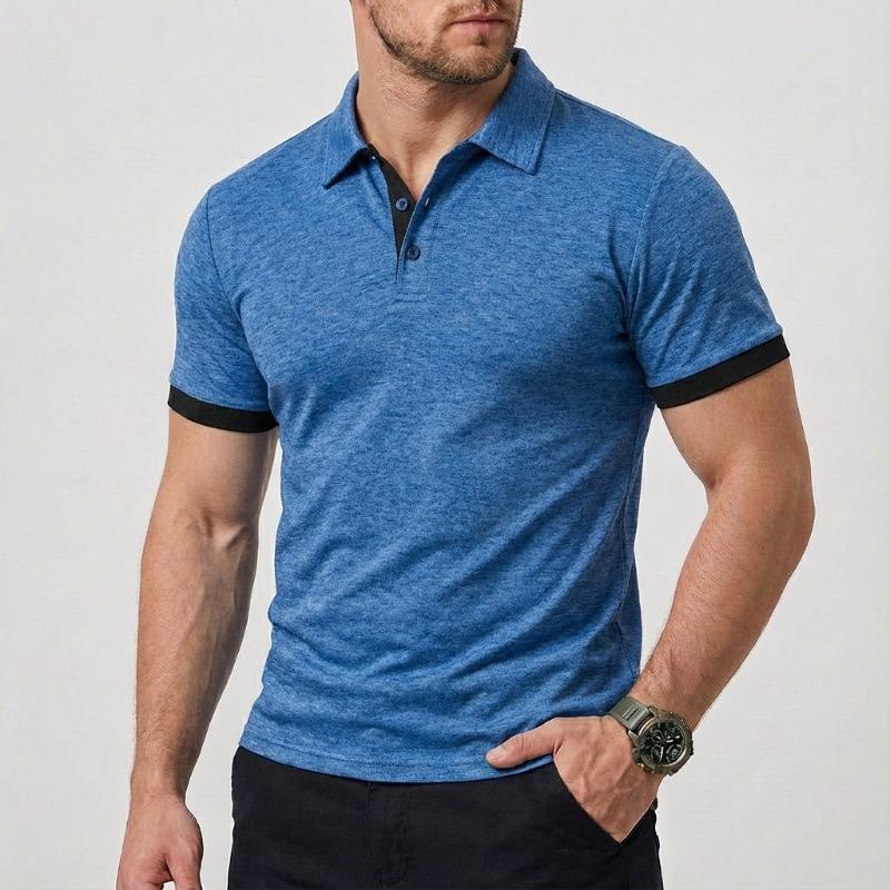 Men Turn Down Collar Short Sleeve Polo Shirt Contrast Cuff Slim Fit Casual Business Daily Tops