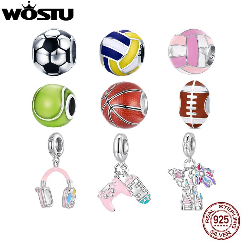 WOSTU 925 Silver Sports Series Pendants Tennis basketball rugby Charms Bead Fit Bracelet DIY Gift for Women Player Fan
