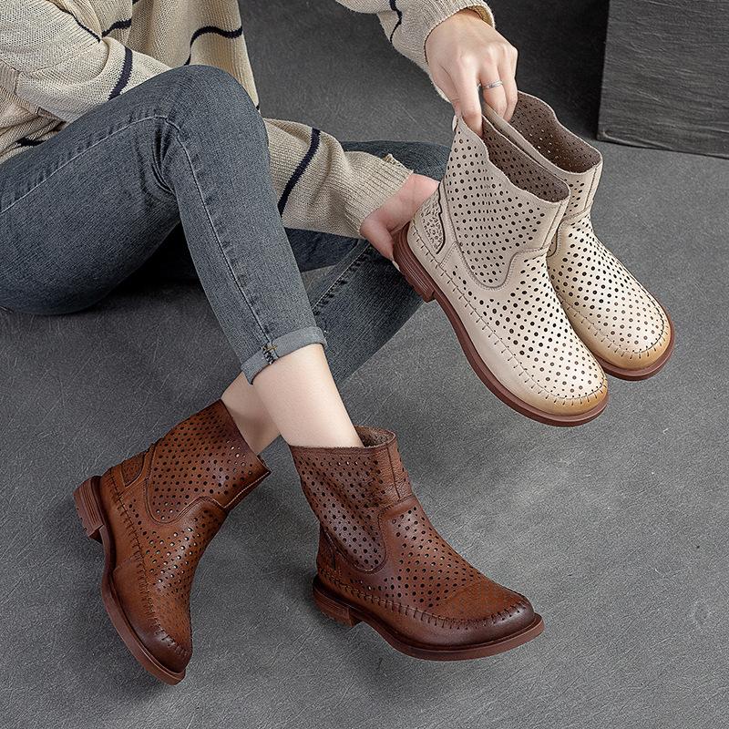 GKTINOO 2025 Spring Summer 100% Genuine Leather Boots Breathable Hollow Boots Flat Soft Slip-On Comfortable Shoes Women