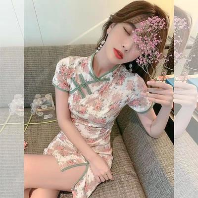 Summer New Chinese-style Improved Version of Cheongsam Floral Dress Women's Pure Desire Sexy Slim and Thin Hip-wrapped Short Skirt