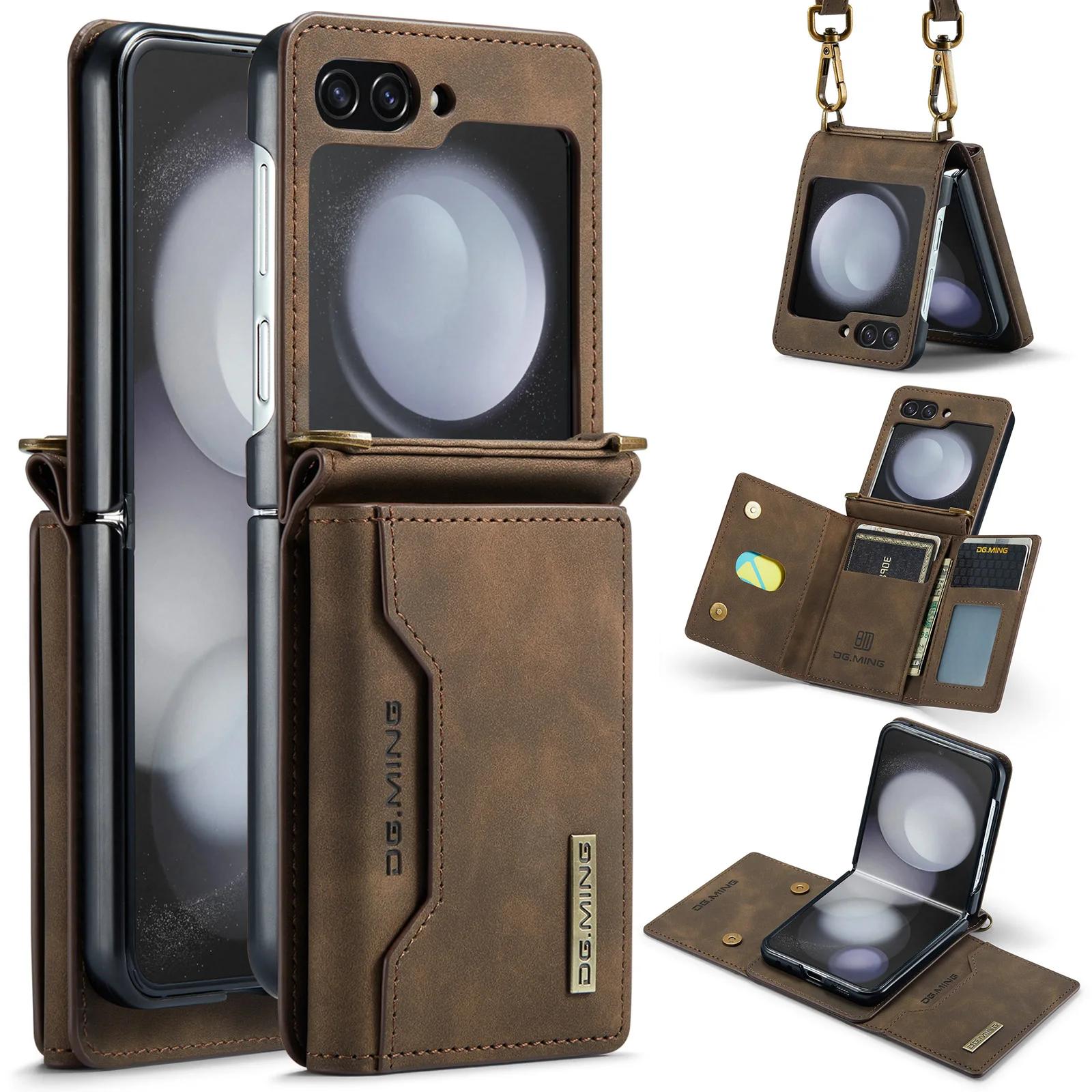 

Crossbody Leather Case for Samsung Galaxy Z Flip 7 FE 6 5 4 3 5G FLip7 Detachable Lanyard Strap 8 Card Holder Wallet Stand Cover Galaxy Z Flip6 кавовий