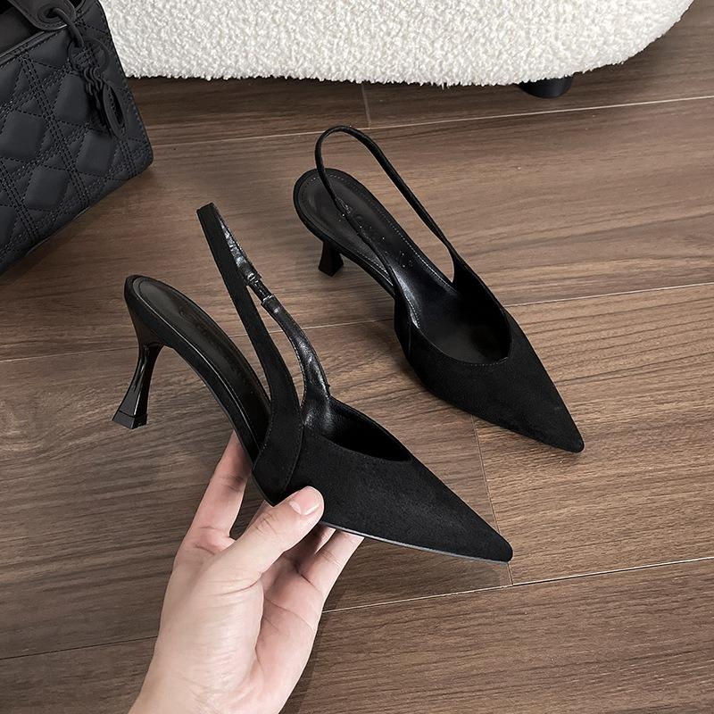 Sheepskin version retro leopard print bag head sandals women's thin heel shallow mouth empty single shoes style temperament pointed high heels