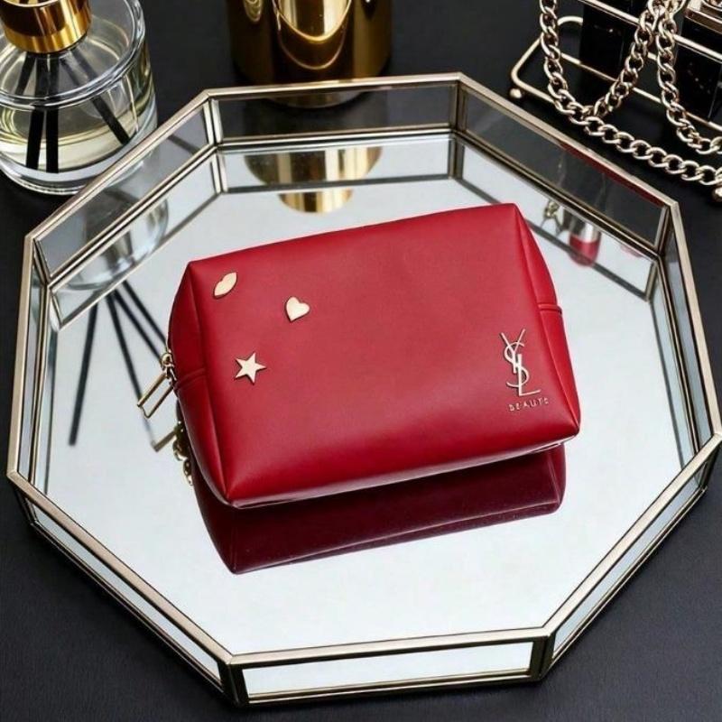 ​YSL Red Cosmetic Pouch with Gold Star Embellishments Lady Handheld Clutch Daily Essentials Organizer Pouch​