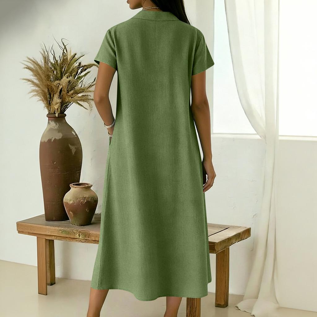 Robe décontractée pour femme à col en V, manches courtes, longueur moyenne, coupe ample, avec de grandes poches