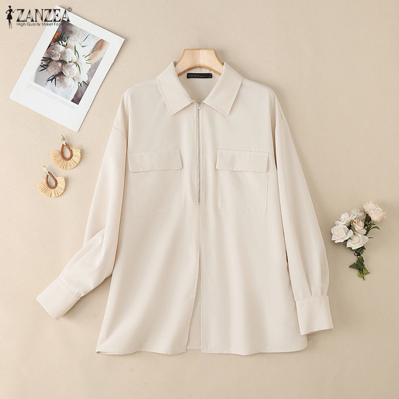 ZANZEA Women Turn Down Collar Loose Casual Long Sleeve Zipper Blouse