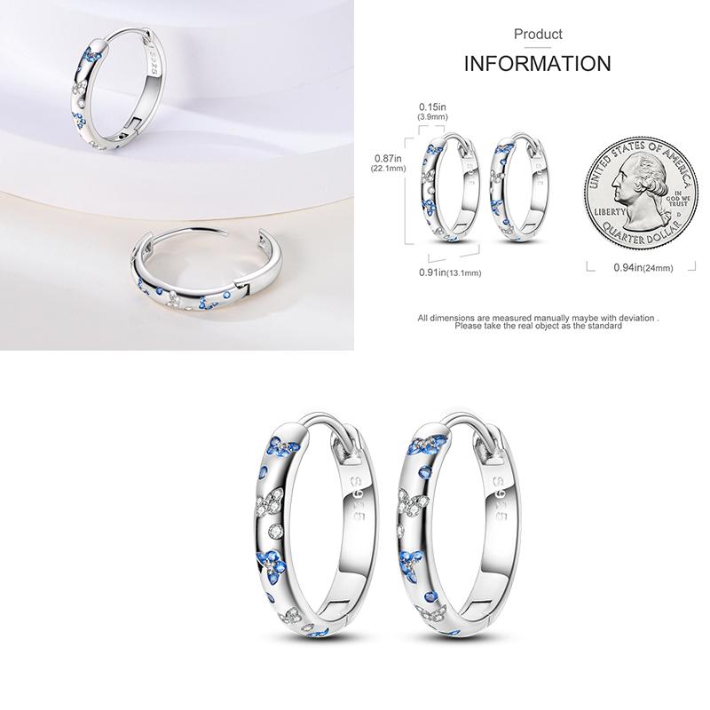 Sparkling Blue Zircon Hoop Earrings Pave U Shape Star Devil Eyes Circle S925 Drop Earring Fit Original Party Jewelry
