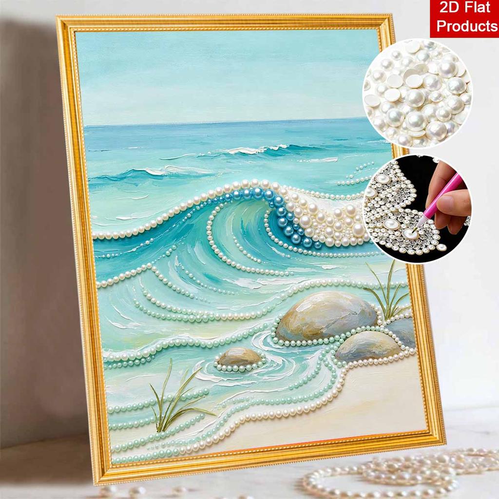 Frameless Pearl Painting DIY Kit Ocean Wave and Sea Stones 3D Sparkling Bead Canvas Relaxing Creative Craft for Art Lovers