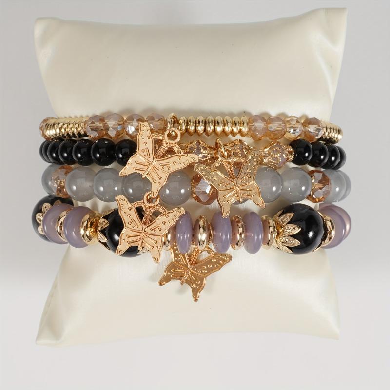 4Pcs Bohemian Butterfly Beaded Bracelets, Crystal Zinc Alloy Pendant, Ladies Daily Party Jewelry