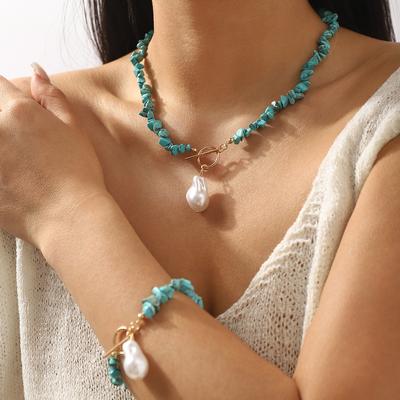 Bohemian Geometric Turquoise Beaded Bracelet, Baroque Vintage Alien Pearl Pendant Necklace