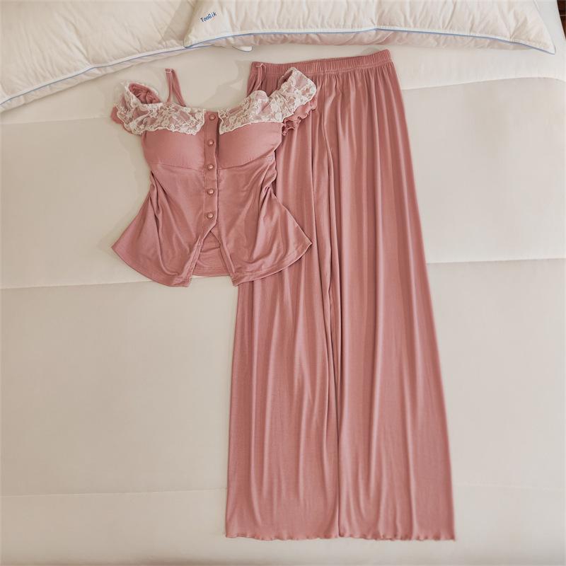 Women's Lace Camisole Sleepwear Set with Chest Pads - Sweet & Sexy Spring/Summer Homewear.