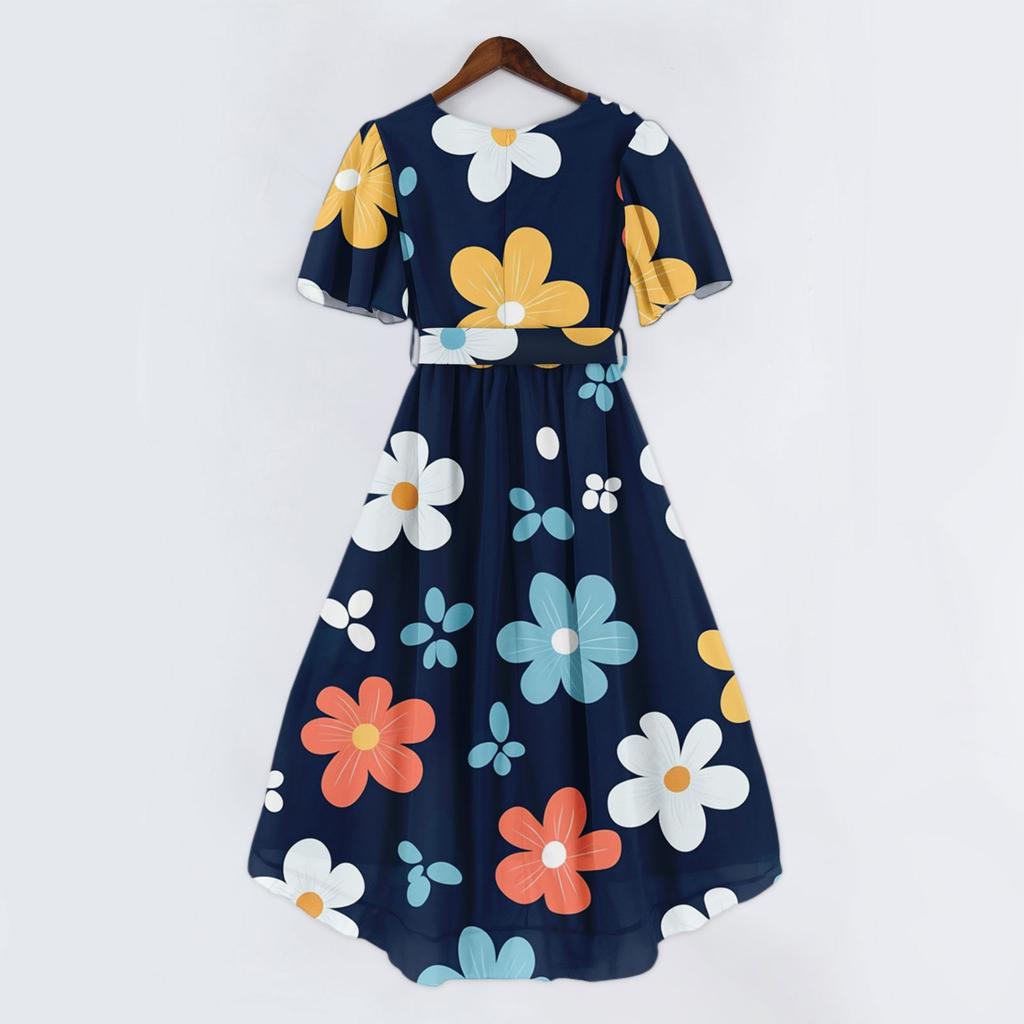 Women's Summer Floral Printed Casual Wrap V Neck Ruffled Hood Short Sleeves Belt A-Line Ruffle Hem Midi Sundress
