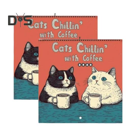 1/2Pcs 2025 Wall Calendar Cats Chillin' with Coffee Wall Calendar 12 Monthly Coffee Cats Calendar Family Office Organizer for Cat Lover Gift