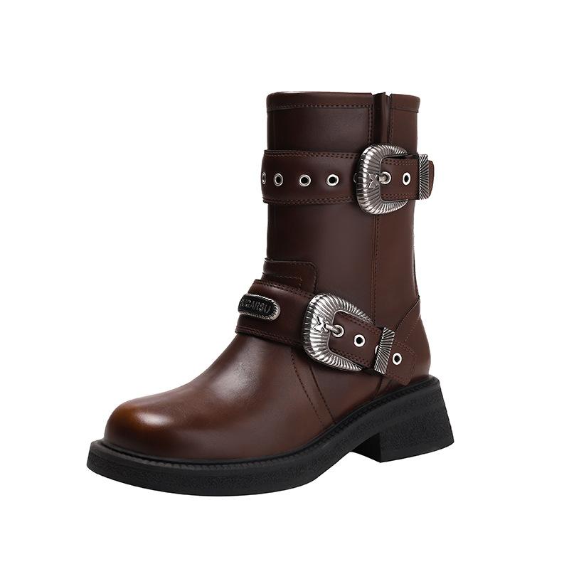 2025 Autumn and Winter New Breathable Pile Western Boots Medium Tube Retro Square Head Knight Boots Belt Buckle Martin Boots Short Boots