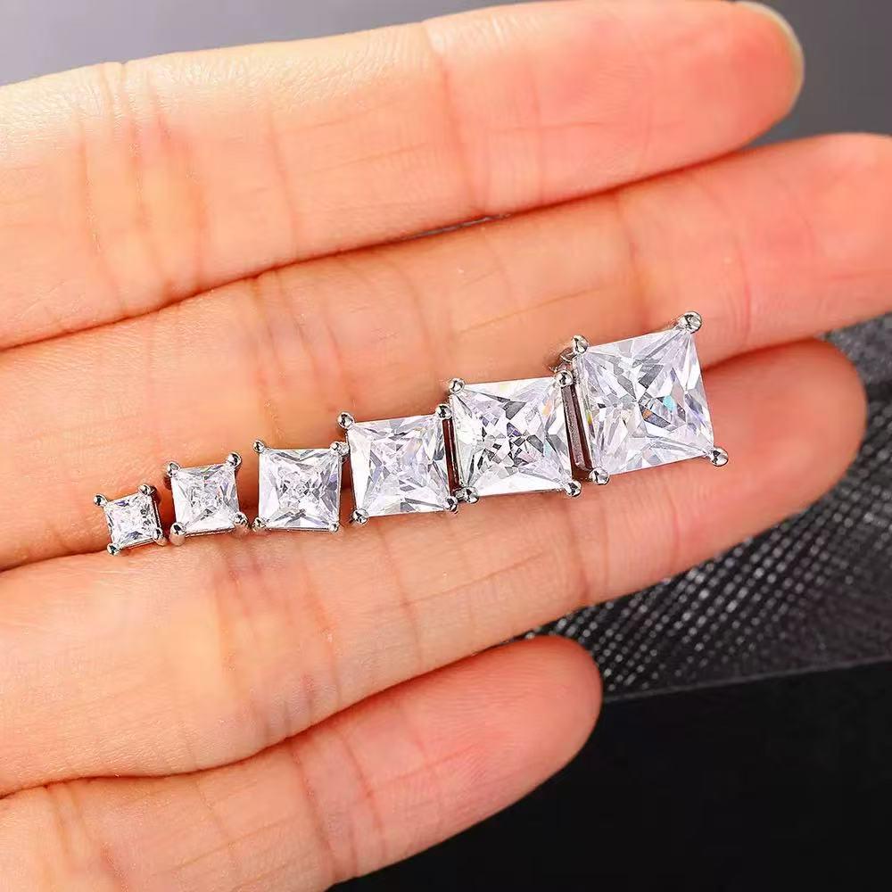 European-American Classic Square Zirconia Stud Earrings: Women's Copper-Plated Four-Prong Ear Jewelry.
