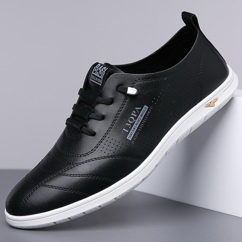 New round head men's casual shoes business trendy men's cow single shoes little white shoes leather shoes
