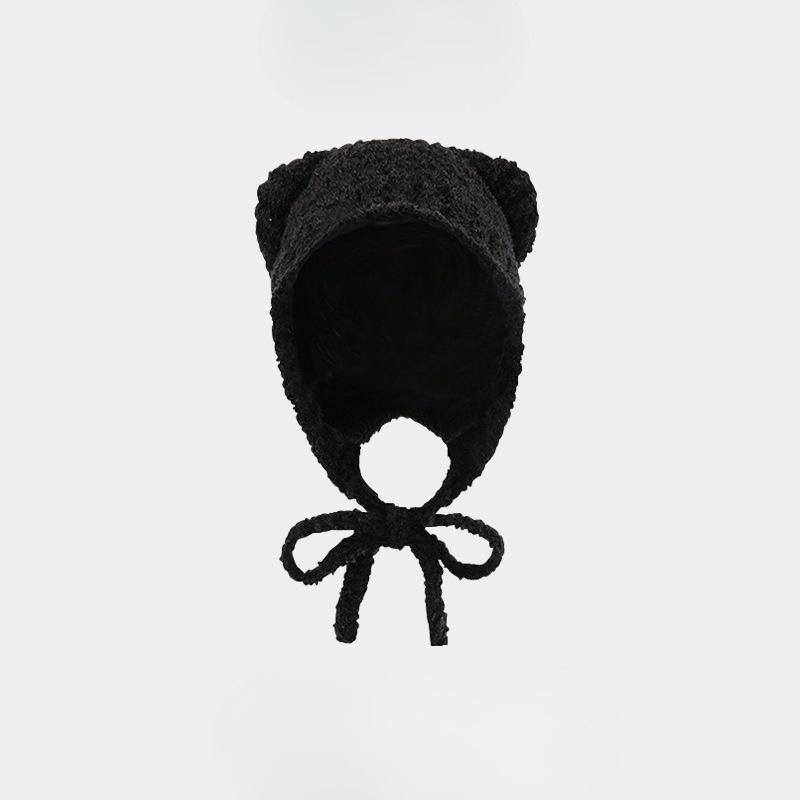 Plush Bear Ears Knitted Hat Women's Autumn and Winter Face Revealing Small Maillard Style Beanie Warm Big Head Cold Hat