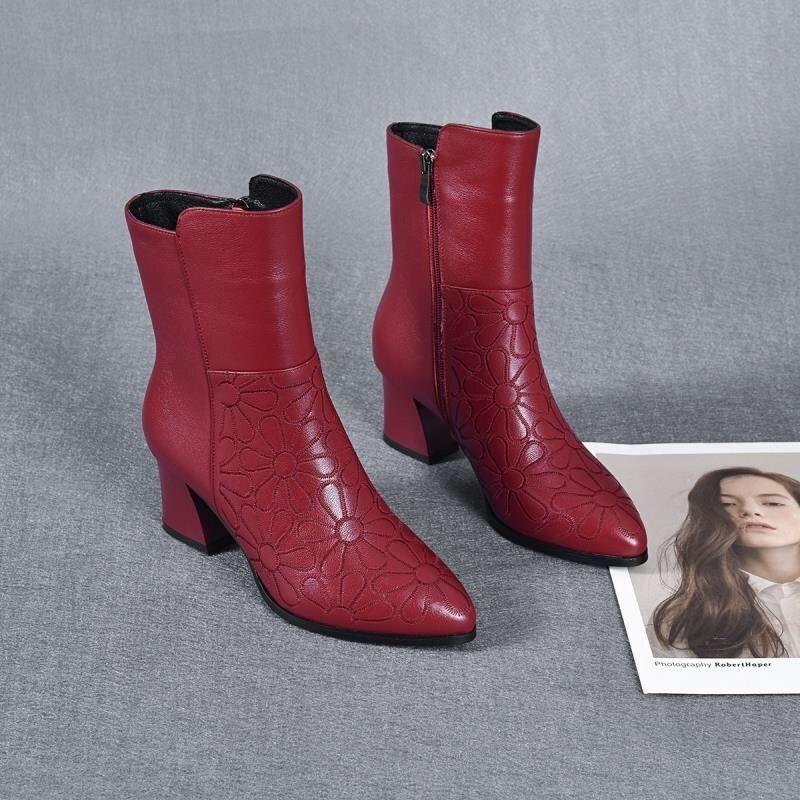 Women Ankle Boots Fashion Short Soft Leather High Heel Ladies Shoes Side Zipper for Women