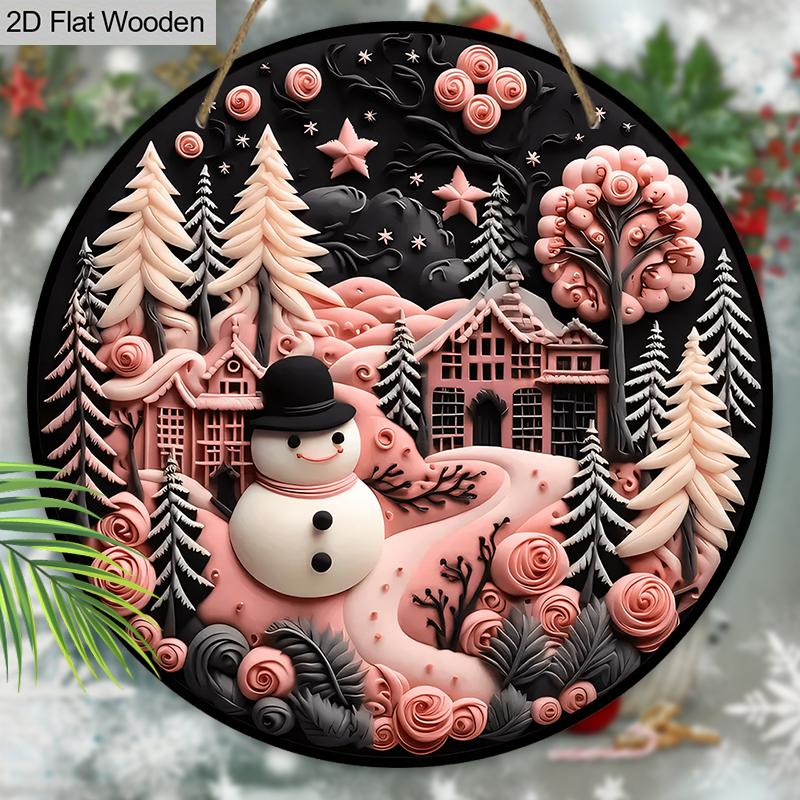 Pink Christmas Wooden Sign with Snowman Pattern - Navidad Sign for Front Door, Yard, Wall Hanging Decor - Ideal Christmas Gift for Friend