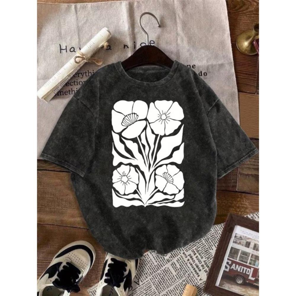 Vintage Gothic Rose Print T-Shirt Unisex Washed Crew Neck Casual Oversized Tee Y2K Streetwear Short Sleeve