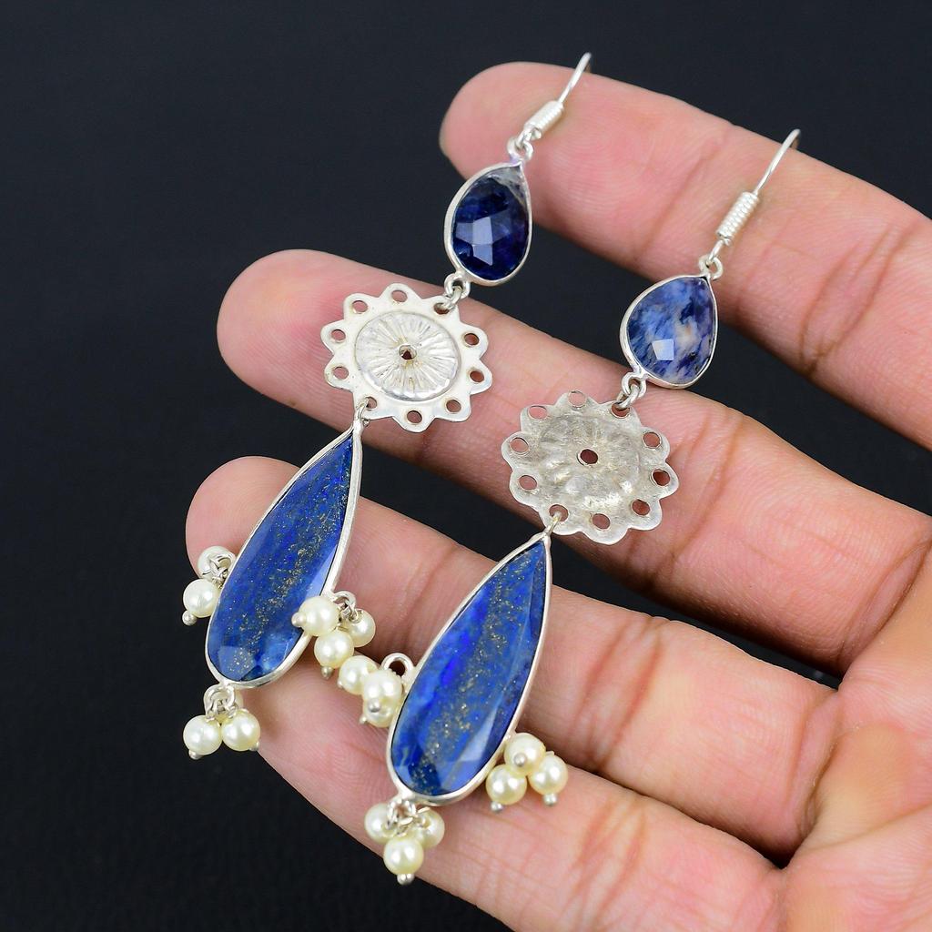 Friendship Day Sale Lapis Lazuli Stone Dangle Earrings Jewelry Sterling Silver