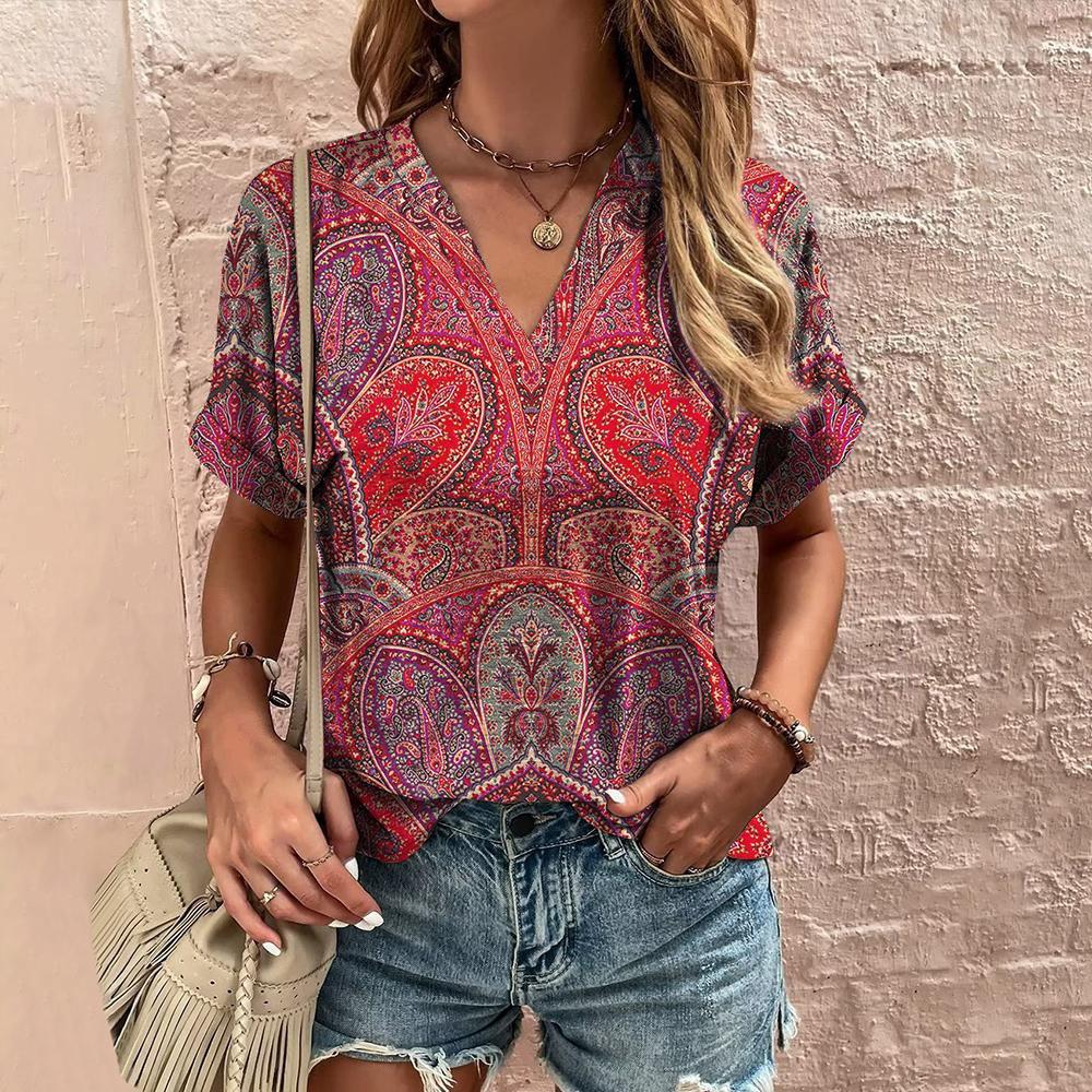 Women's T-shirt retro floral print summer casual V-neck women's clothing short-sleeved T-shirt women's fashion