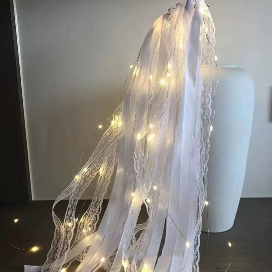 Ribbon Fairy Wand Light-up Wedding Wand Glow Lace And Ribbon Stick with Bell for Wedding Reception Graduation Birthday Party New Year Celebration