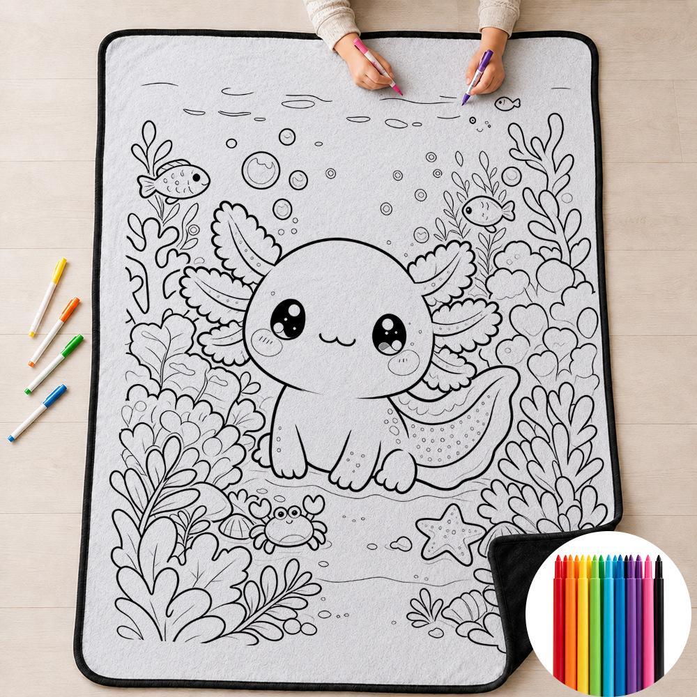 Hot Sale Custom Kids DIY Coloring Blanket Washable Reusable Doodle Art Blanket With Markers Educational Gift Cartoon Throw