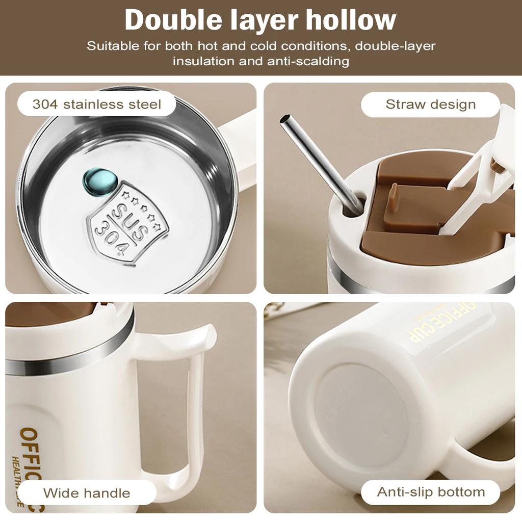 Leeseph Coffee Mug With Handle and Sealing Lid and Spoon, Stainless Steel Coffee Travel Mug Double Wall Leak Proof Cup