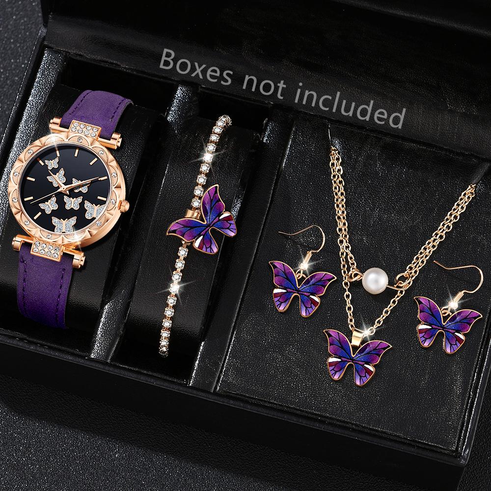 5PCS Purple Women s Watch Set Fashion Trend Butterfly Element Dial Quartz Watch Bracelet Necklace Earrings Set Holiday Gift фиолетовый