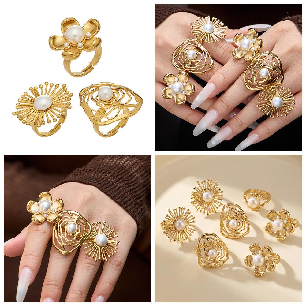 Exquisite Shell Bead Sunflower Stainless Steel Open Ring Set - High-End Hand Jewelry