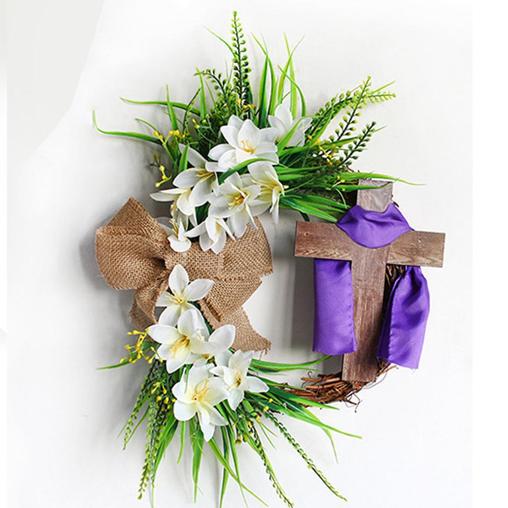 New Easter Cross Wreath With Bow Rattan Ring Garland Hanging Ornament For Home Front Door Wall Garden Decoration Art Gift