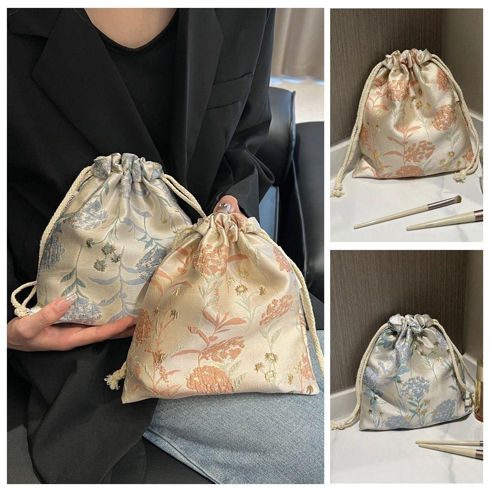 Portable Polyester Drawstring Bags Large Capacity Flower Makeup Bag Drawstring Packaging Coin Purse Cosmetic Storage