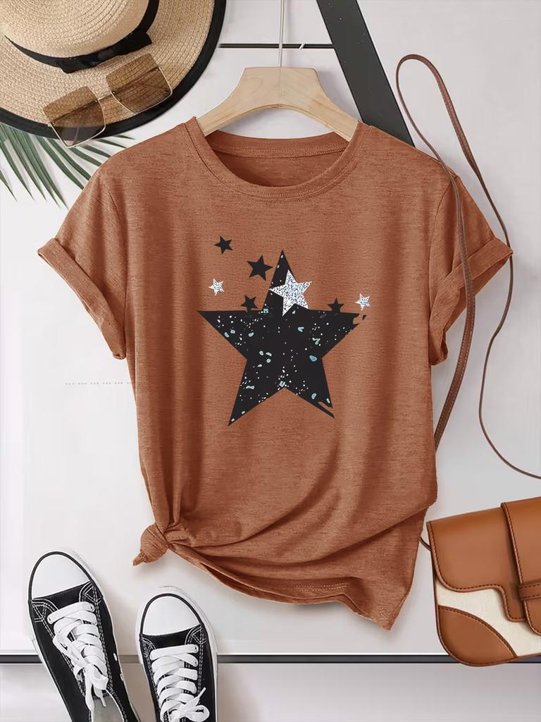 Summer Short-sleeved Star-shaped Printed Fashionable Street All-match Casual Sports Top Round Neck