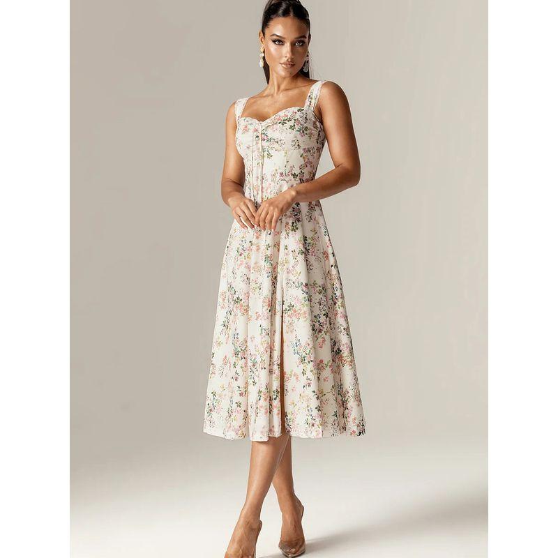 Encounter Flowers French Sweet Vintage Floral Lace Patchwork Pure Desire Split Suspender Skirt Mid Length Long Length Dress