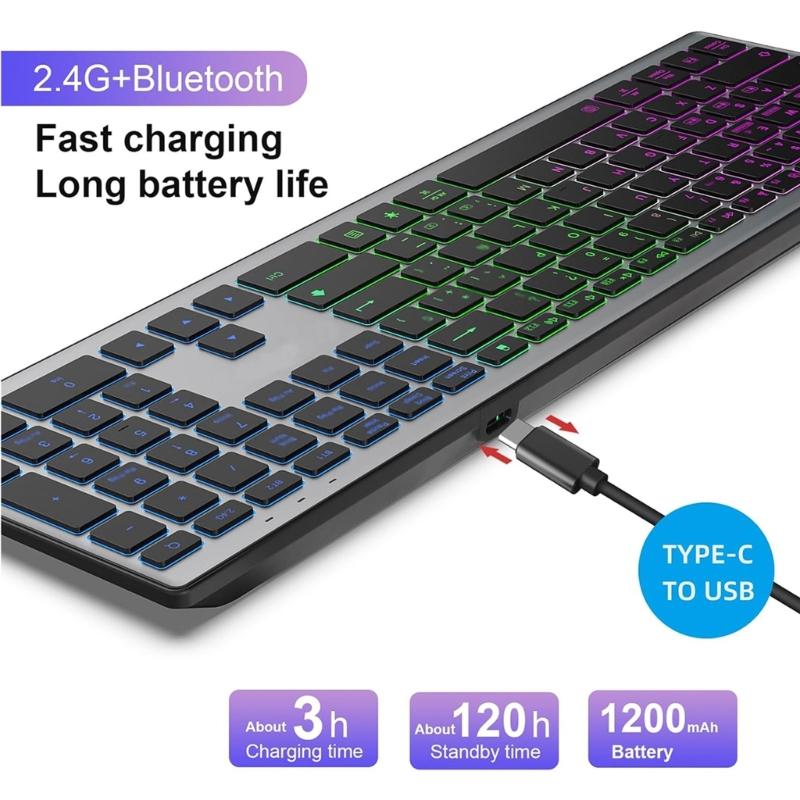 Rechargeable Bluetooth-compatible Keyboard 110Key Wide Compatibility Support 7 Color Backlit Quiet Typing
