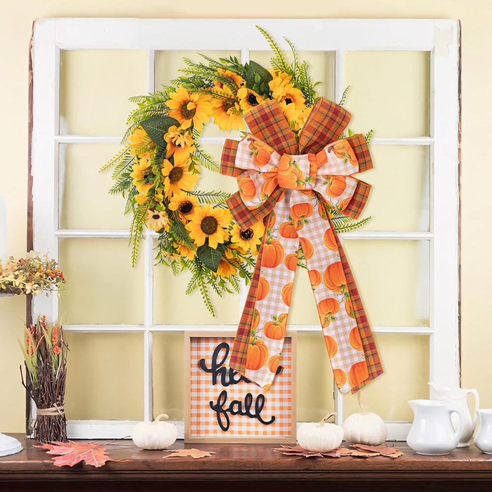 3pcs Large Fall Bows, Pumpkin Plaid Print Bows For Wreaths, 11"x19.7" Thanksgiving Ribbon Bows For Home Indoor Outdoor Decoration Ornament