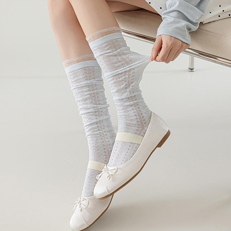 Einfarbige Wadensocken für Damen, Sommerdünn, Hohlmaschen-Langsocken, Süße Spitzen-Ballett-Stil Frotteesocken, Nahtlose Socken