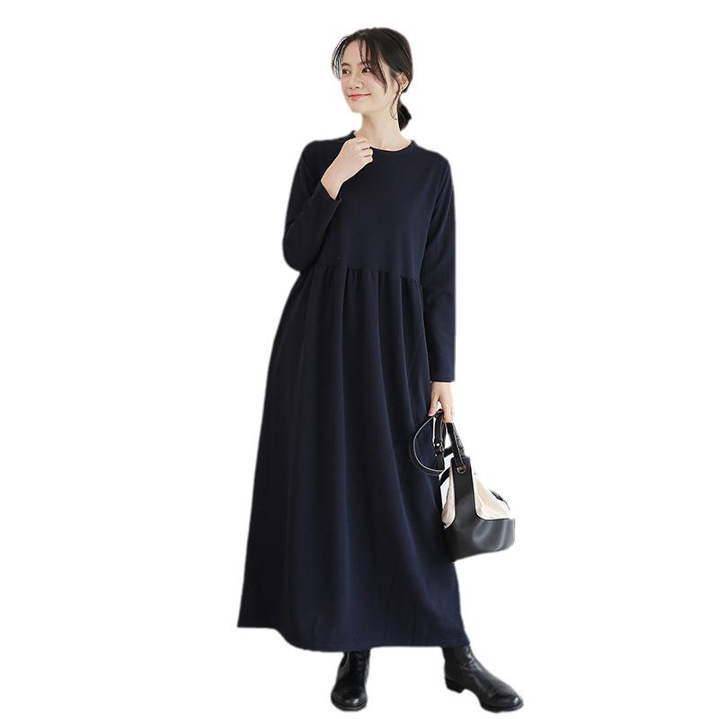 Korean Style Slim-Fit High Waist Round Neck Long Sleeve Midi Dress for Fall/Winter