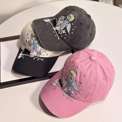 Retro Amerikanische Baseballkappe Verstellbar Gewaschen Antik Beschädigt Cartoon Bestickt Baseballkappe Studentin