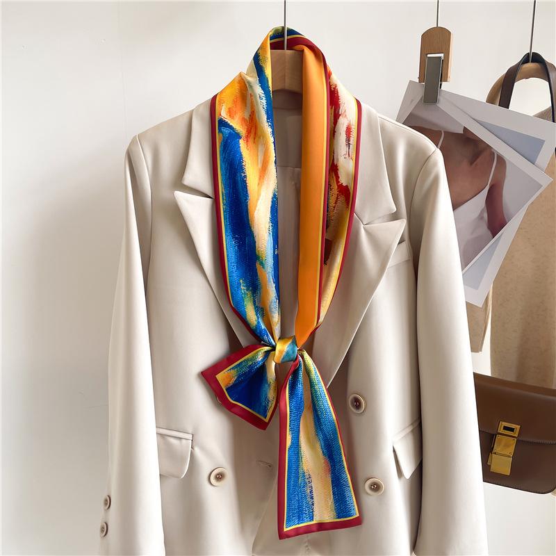 Tassel-decorated Suit Necktie Belt Small Strip Headband Silk Scarf Women's Double-sided Printed Narrow Thin Scarf