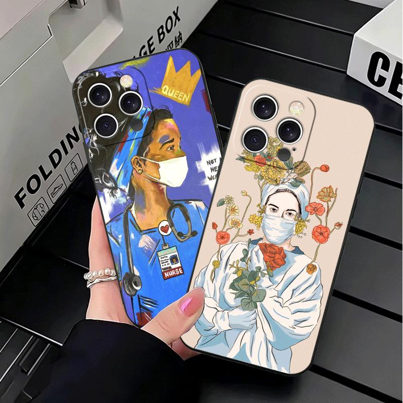 Doctor Nurse Cartoon Soft Phone Case for iPhone 16 16E 17 Air 15 Pro Max 14 Plus 13 Mini 11 12 7 Black Cover Back Shell