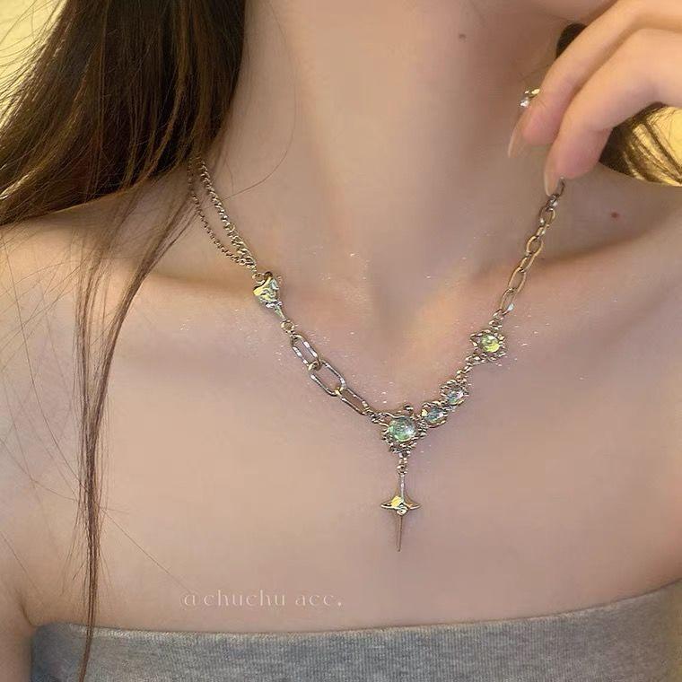 Cross Moonstone Necklace Women's Tide Cool Spice Girls Pendant Collarbone Chain Light Luxury Niche Neck Chain Premium Sense