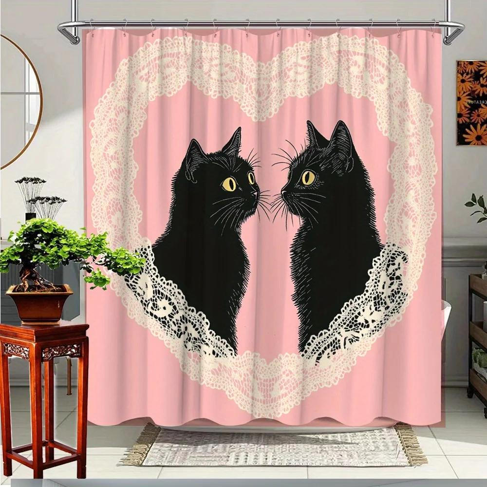 

1pc black cat shower curtain with pink lace heart design-elegant animal print bathroom decoration, 70.8 x 70.8 inches W90xH180cm