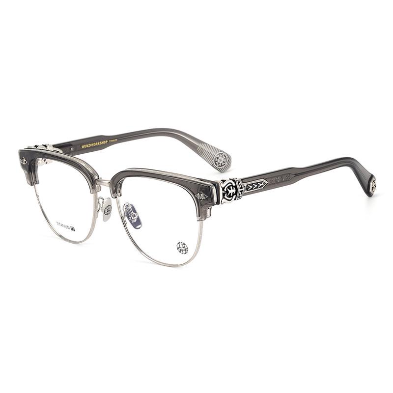 Pure Titanium Browline Glasses Frame: Large, Artistic Retro Design for Men  Women