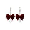 Fashion Velvet Wine Red Bowknot Earrings For Women Long Zircon Pearl Earring Wedding Party Jewelry Gift Aesthetic