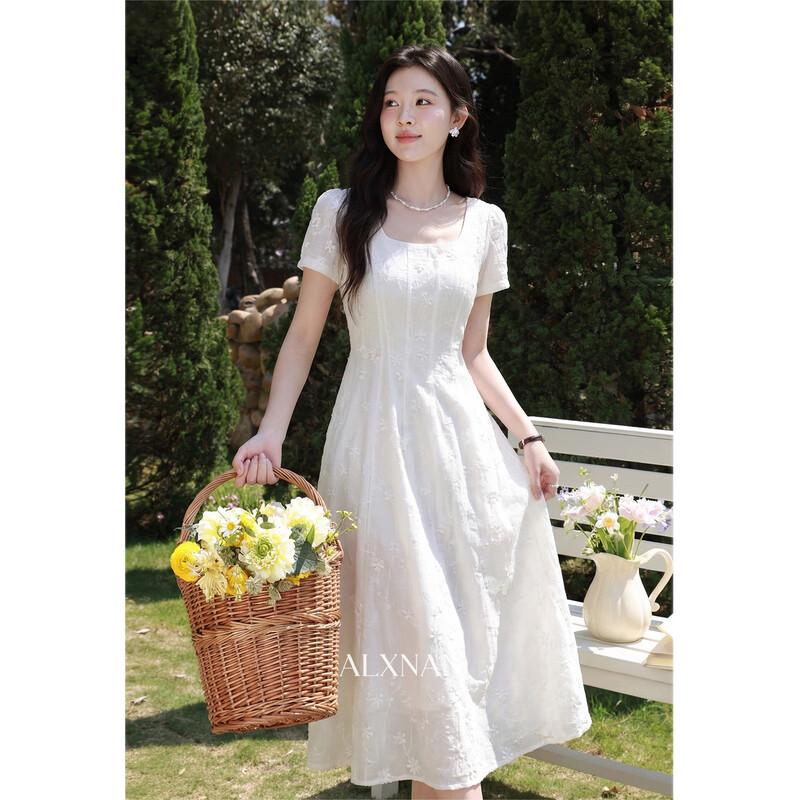 Elegant French Style A-line Short-Sleeve Midi Dress