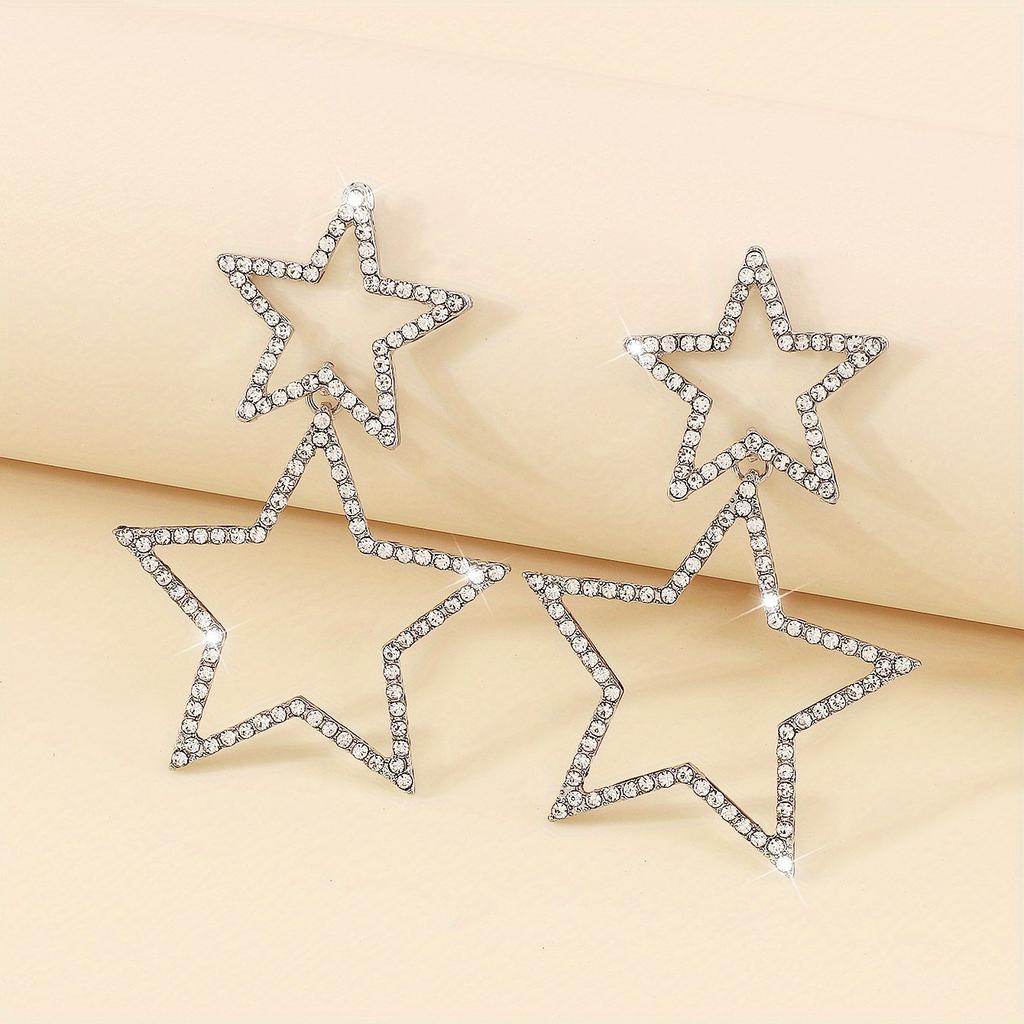 Shining Two Different Sized Hollow Star Dangle Earrings Inlaid Rhinestones Fashionable Ear Jewelry Perfect Accessory for Women Daily Glam