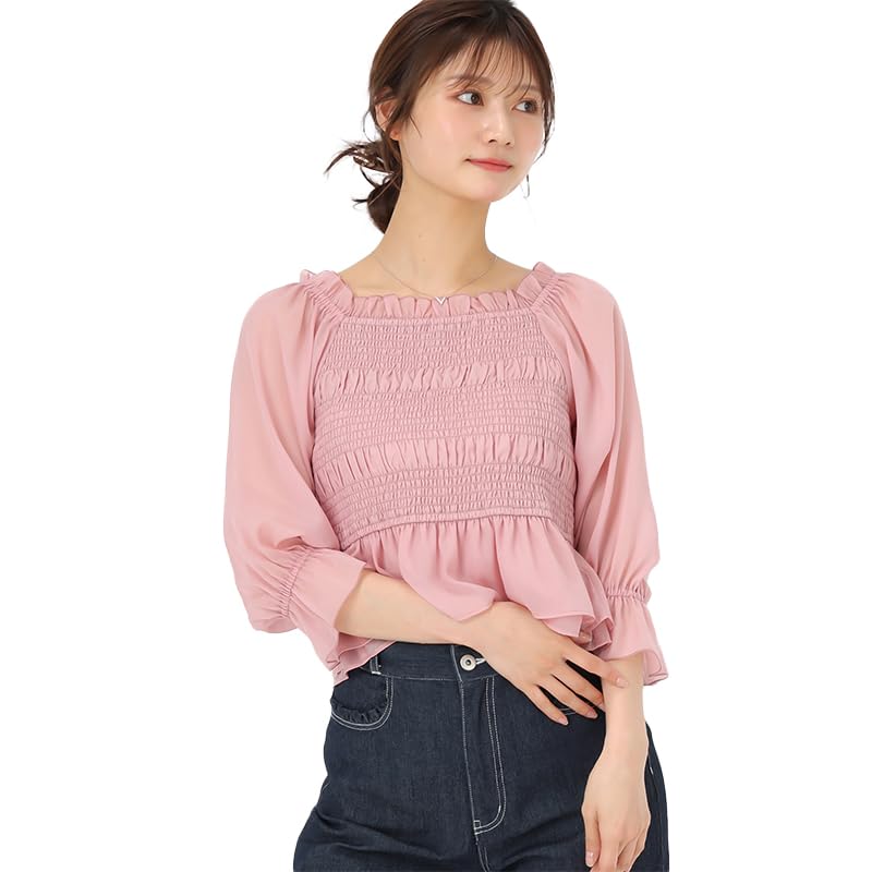 

Mishmash Прозрачная женская рубашка/блузка, Женственная, Рукав 3/4, Со сборками, Легкая, С открытыми плечами, Баска, розовый