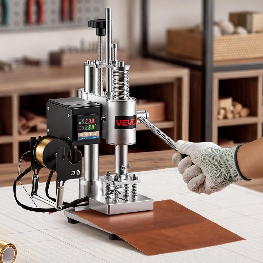 VEVOR Heated Leather Punching Machine 10 x 10 cm Leather Stamp Press, For Hot Stamping and Punching, 160 kg Pressure, 40 mm Stroke, Chuck Fixation