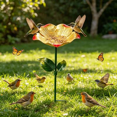 Metal Flower Garden Stake Bird Bath for Outside Freestanding Bath Bowl with Stake Hummingbird Feeder Station for Yard Lawn Garden Decor